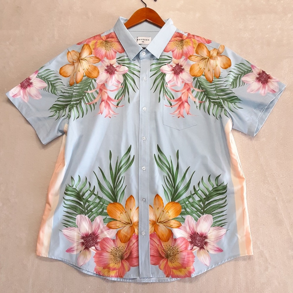 Mavrans Mens Floral Symmetry Weekend SS Button Shirt 2XL Blue Hawaiian MST002FS